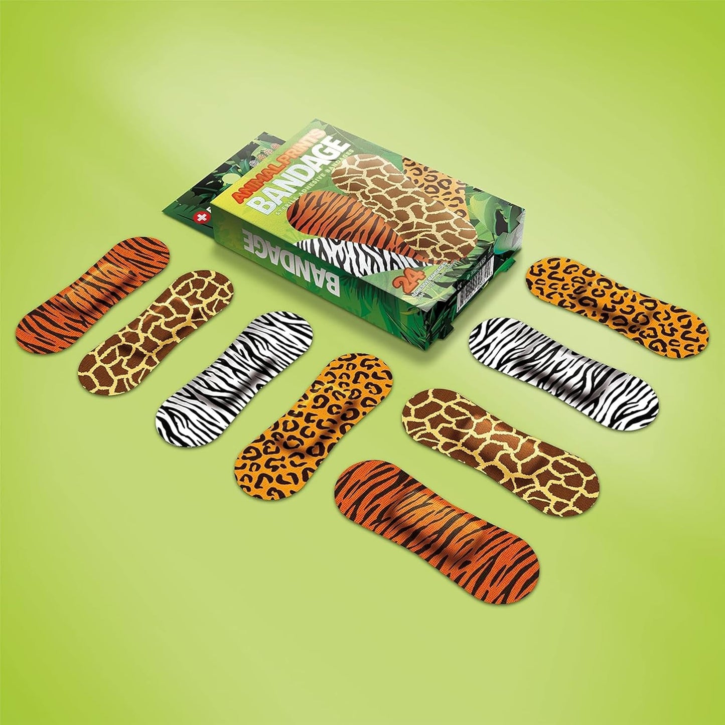 BioSwiss Bandages, Animal Prints Self Adhesive Bandage, Leopard, Zebra, Giraffe, and Tiger Print Designs, Latex Free Sterile Wound Care, Standard Shape for Kids and Adults, 24 Count
