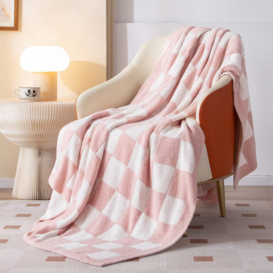 SeaRoomy Checkered Throw Blanket, Ultra Soft Microfiber Knit Throw Blanket, Cozy Fluffy Fuzzy Reversible Checkerboard Pink Blanket for Couch Sofa Bed Decor(Light Pink, 51"63")