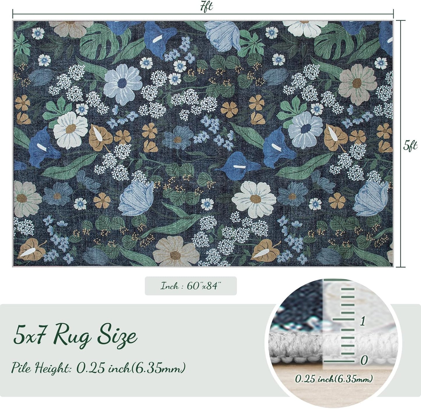 Area Rug Living Room Rugs: 5x7 Washable Rug Vintage Floral Soft Boho Non Slip Carpet Indoor Floor Non Shedding Low Pile Thin Carpets for Bedroom Dining Room Farmhouse Nursery Home Office Blue