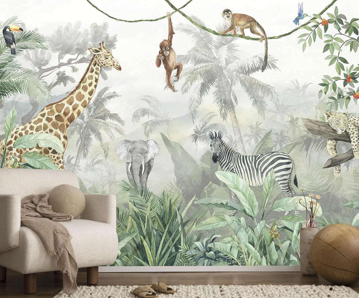 Nursery Safari Wallpaper Kids Tropical Jungle Banana Leaf Wall Mural Animals Wall Decor for Boys Room Girls Room Bedroom Living Room(Not Self-Adhesive)