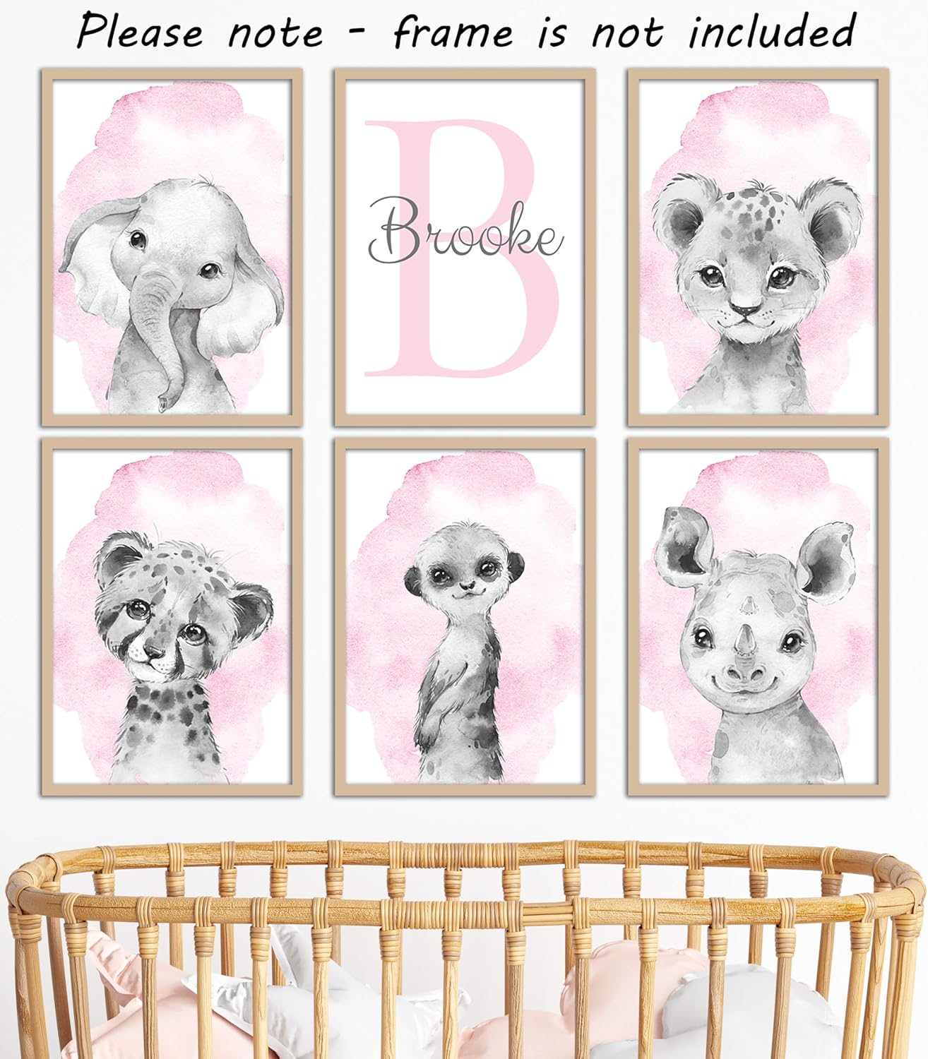 Safari Animals Set of 6 Unframed Poster Prints for Baby Girls Nursery Bedroom Playroom, Personalized Name, Choice of 12 Animals, Pink Purple (8x10)