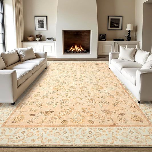 LOCHAS Washable Area Rugs 5x7, Peach Floral Rug for Living Room Bedroom Non Slip, Ultra Soft Vintage Indoor Carpet for Kids, Nursery, Dorm, Dining Room, Classroom, Boho Flower Home Decor, Low-Pile