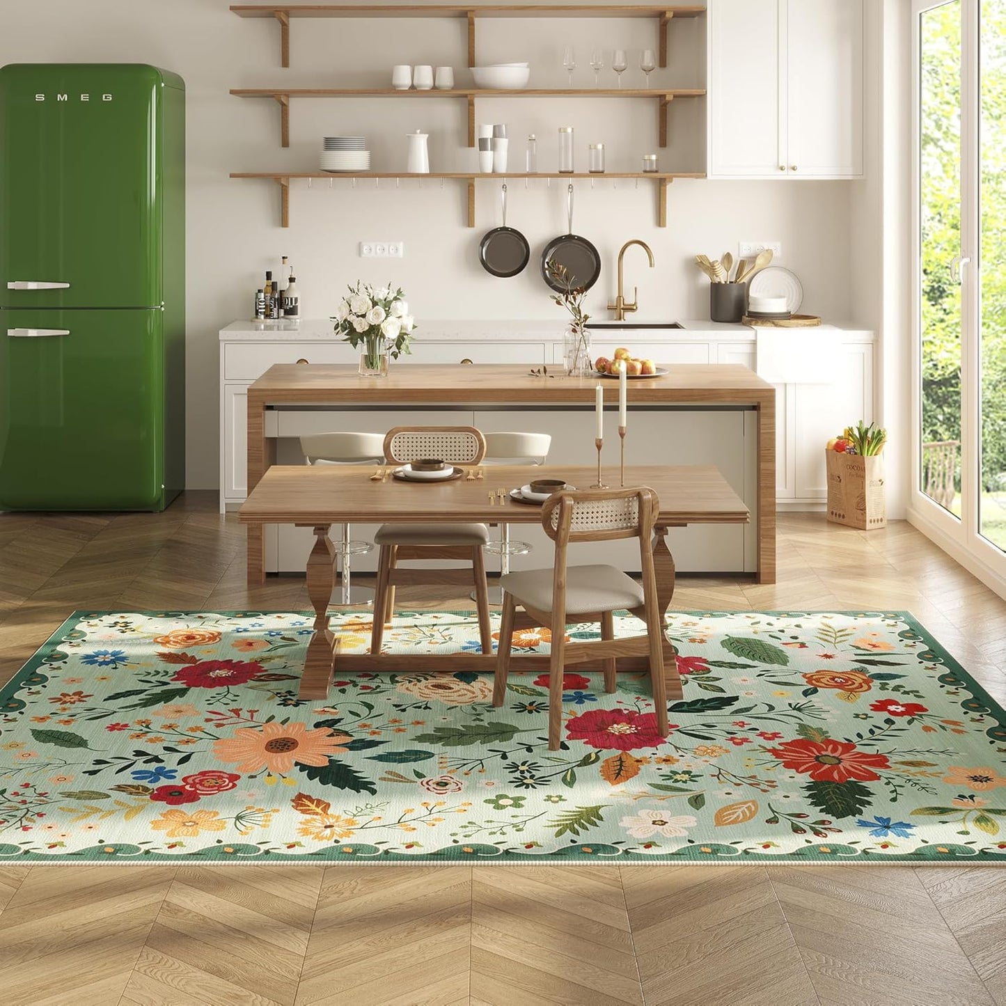 5x7 Washable Rug for Living Room, Green Floral Area Rug, Non Slip Low Pile Soft Flower Carpet, Large Rugs for Bedroom, Dining Room, Office, Kids Playroom, Nursery, Sage Green