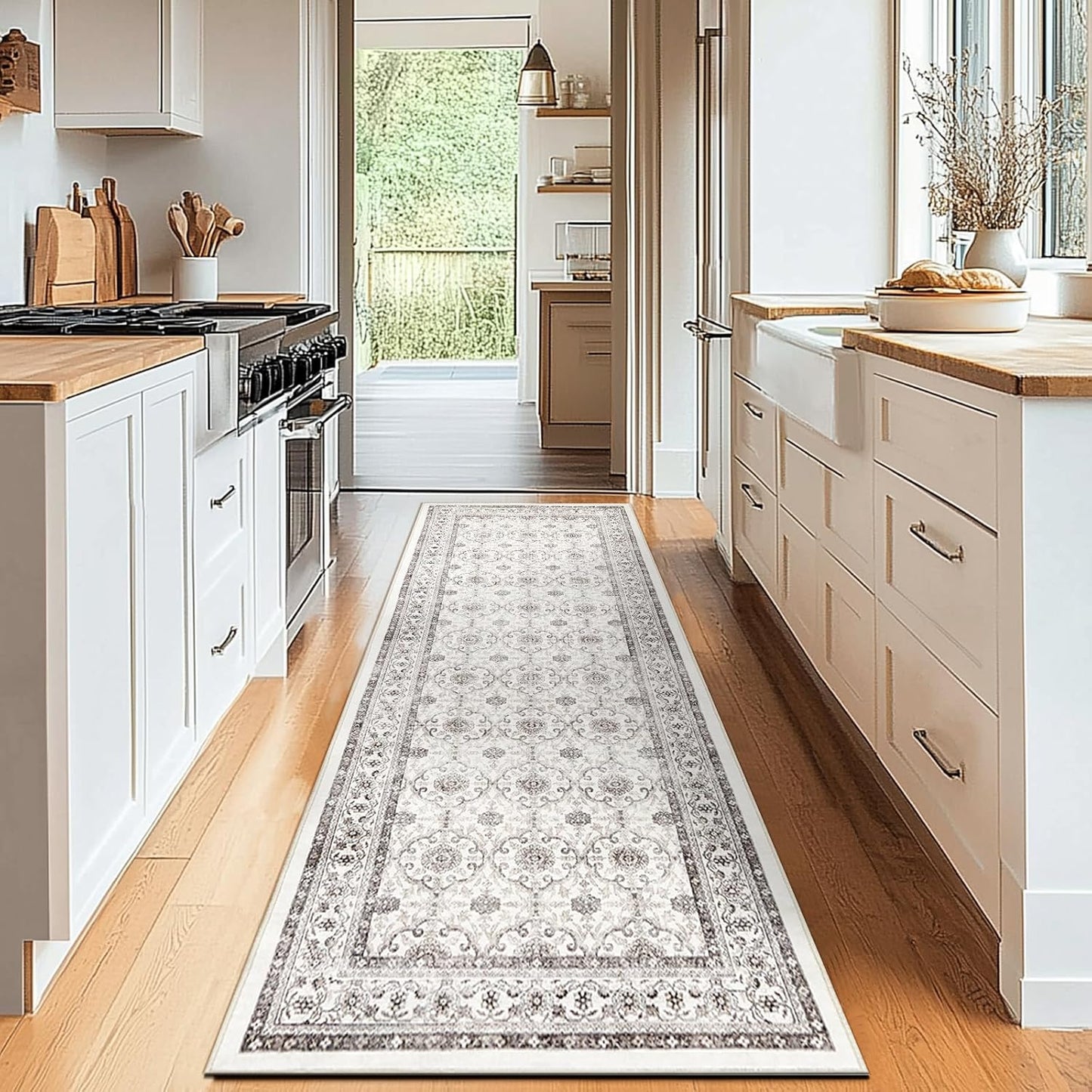 jinchan Hallway Runner Rug 2x10 - Machine Washable Beige Vintage Floral Distressed Design Soft Non-Slip Low-Pile Ultra-Thin Runner Rug for Kitchen Laundry Room Bedroom Farmhouse (2‘x10',Beige)