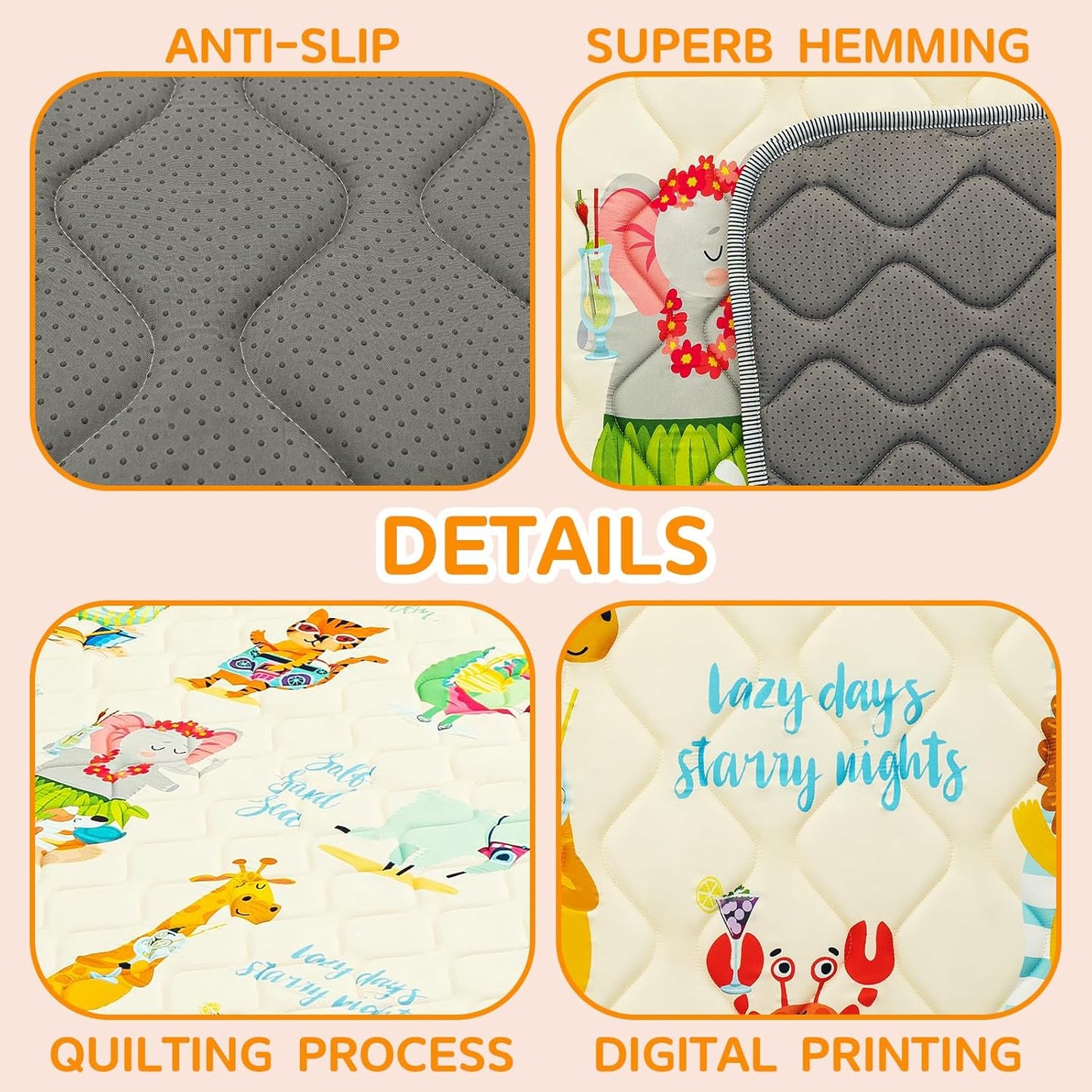 Baby Play Mat - Thicken 71x59 Inch Soft Foam Crawling Mat for Playpen & Floor, Non-Slip Waterproof Playmats for Infants & Toddlers, Portable Foldable & Machine Washable, Beach Animals