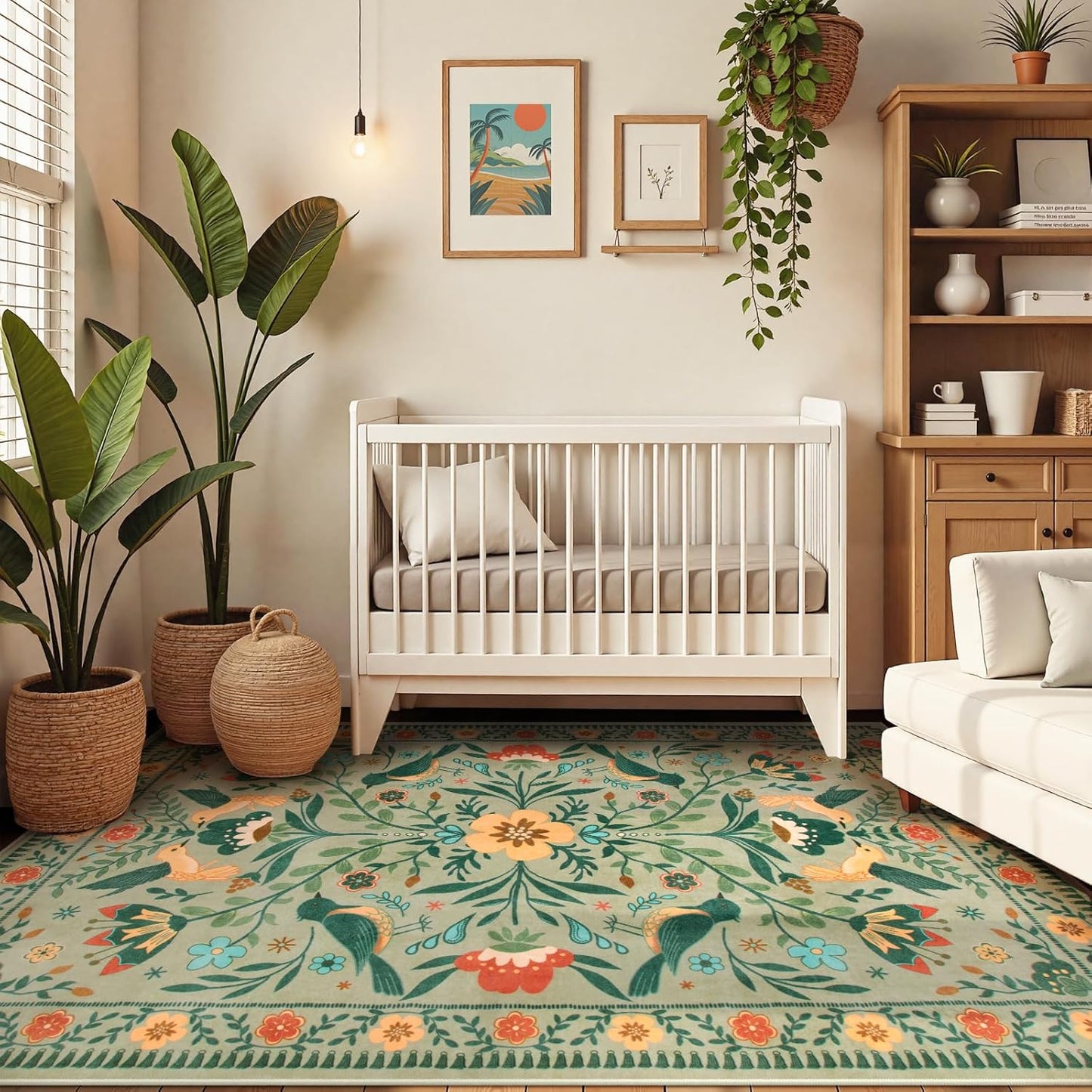 Moynesa Boho Area Rugs 5x7, Ultra Thin Soft Washable Rugs for Living Room Bedroom Non Slip, Stain Resistant, Indoor Bird Patterned Sage Green Large Carpet for Kitchen Entryway Office