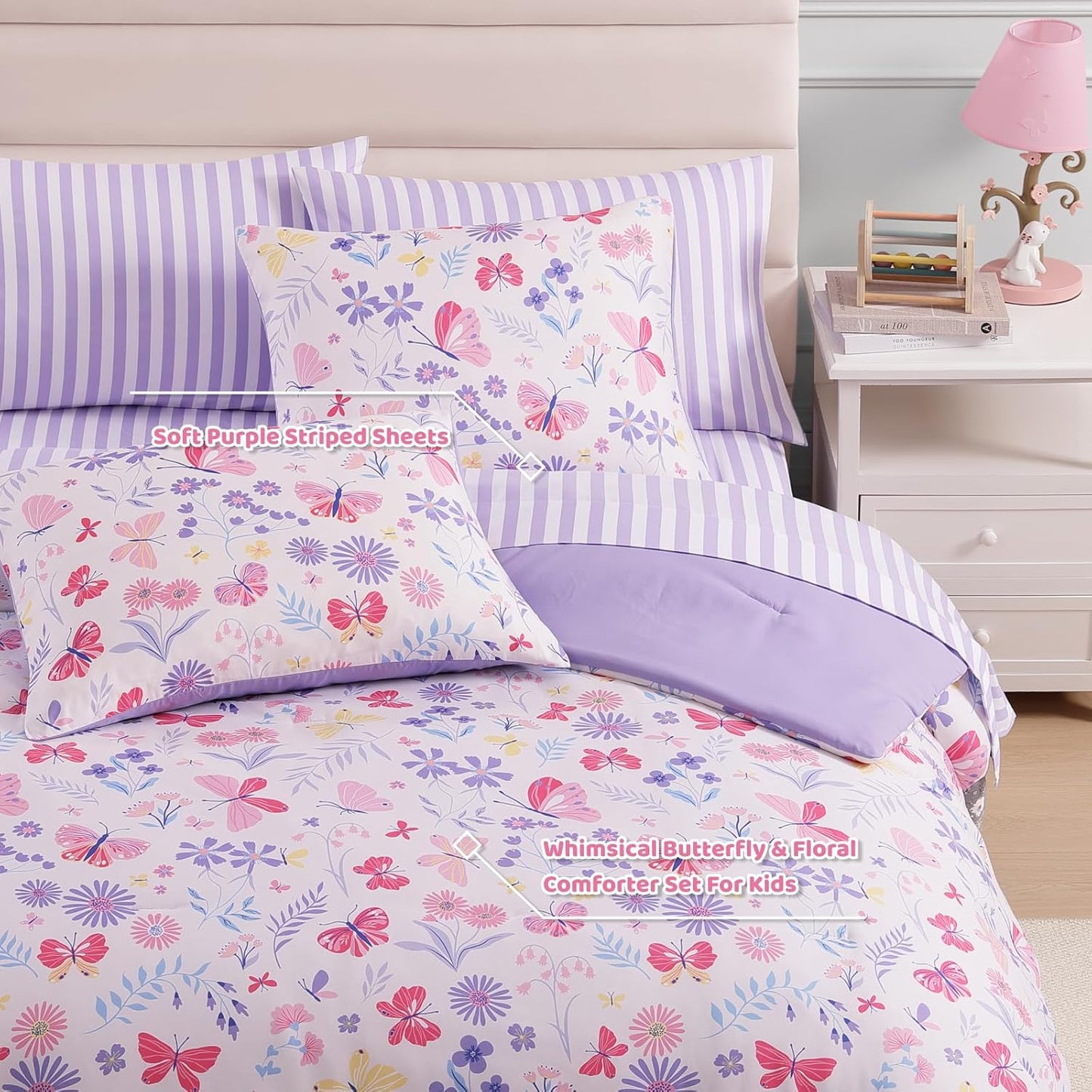 Queen Comforter Set with Sheets for Girls-7 Pieces Queen Bedding Sets with Pink Comforter, Sheets, Pillowcases & Shams for Kids (Cute Botanical Flowers, 90" X 90")