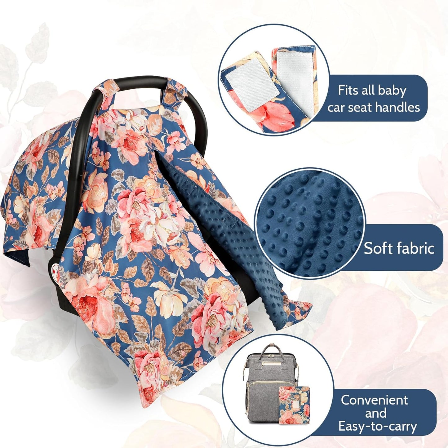 TANOFAR Car Seat Cover Baby, Carseat Covers Baby Boy Girl, Peekaboo Opening Infant Car Seat Cover for Winter, Warm & Cozy, Blue Floral