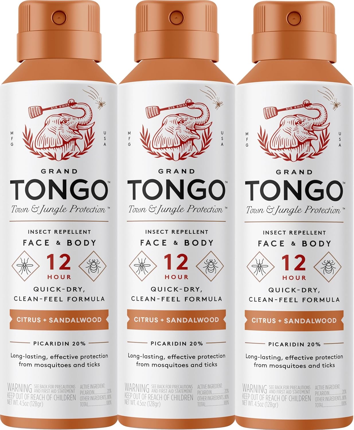 Citrus + Sandalwood Insect Repellent, 12-Hour Mosquito & Tick Protection, Picaridin-Based, Water-Based, Lightweight, Quick-Drying, Vanishing Scent, DEET Alternative, Face & Body Use,3 Pack