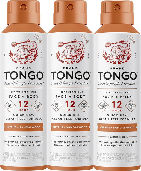 Citrus + Sandalwood Insect Repellent, 12-Hour Mosquito & Tick Protection, Picaridin-Based, Water-Based, Lightweight, Quick-Drying, Vanishing Scent, DEET Alternative, Face & Body Use,3 Pack