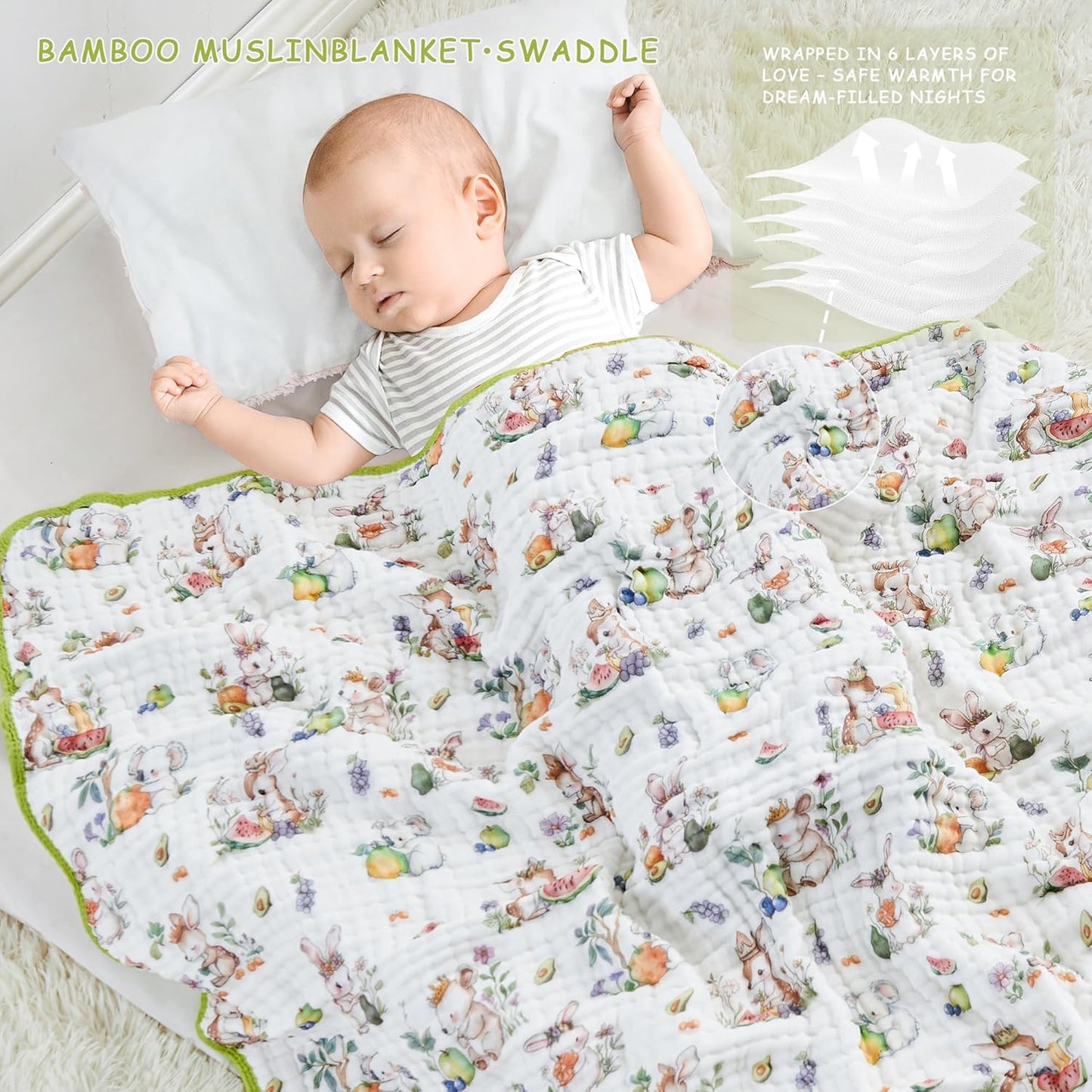 Luxury Muslin Baby Blanket, Soft Swaddle, 6-Layer Cotton Receiving Blanket for Newborn Infant, 43x43 Inch Lightweight Breathable Crib Blanket, Nursery Stroller Toddler Quilt, Animal Print