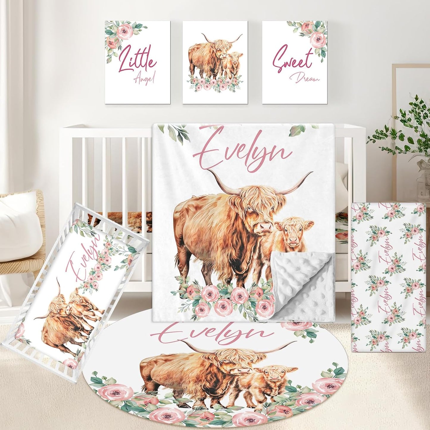 Personalized Nursery Bedding - 5 Pcs Custom Baby Crib Set with Name, Double Layer Crib Bedding for Girls, Cows and Flowers Theme