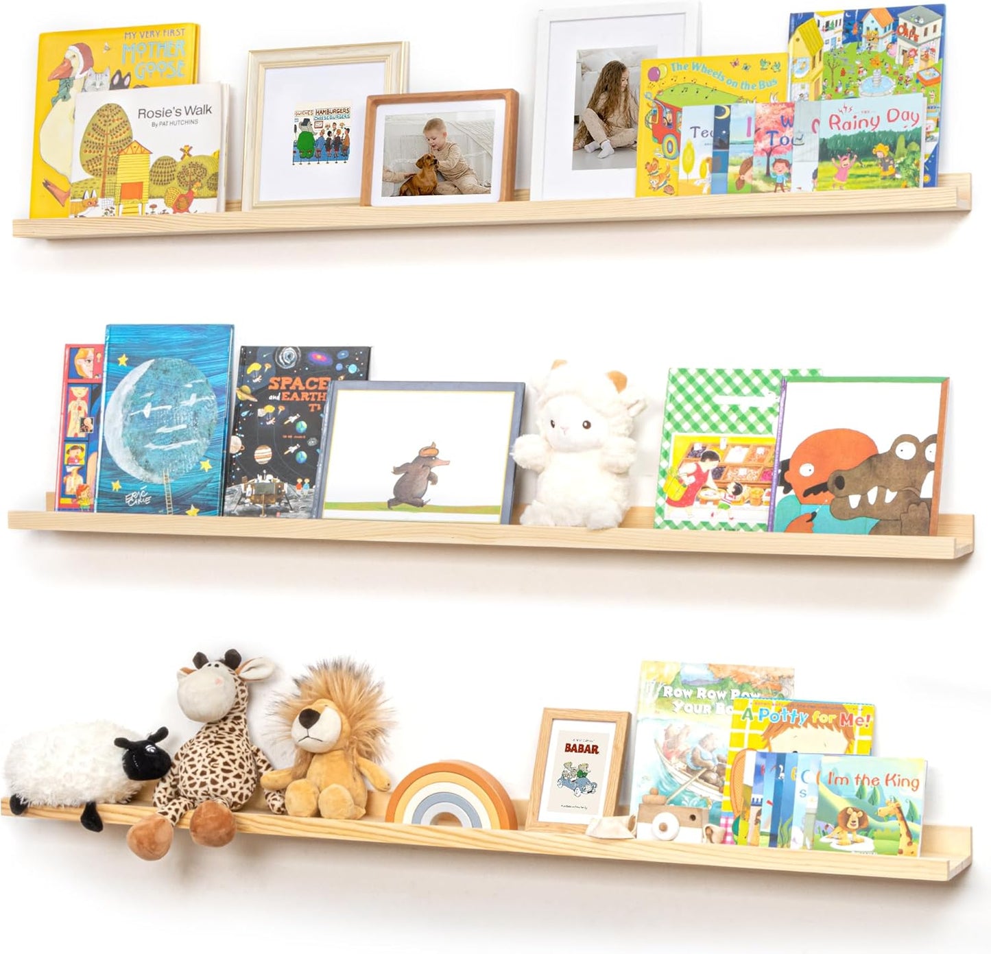 Pine Wood Nursery Book Shelves 3 Pack, Floating Ledge Shelves for Kids' Room, Bedroom, Bathroom, Long Floating Shelves for Wall, Natural