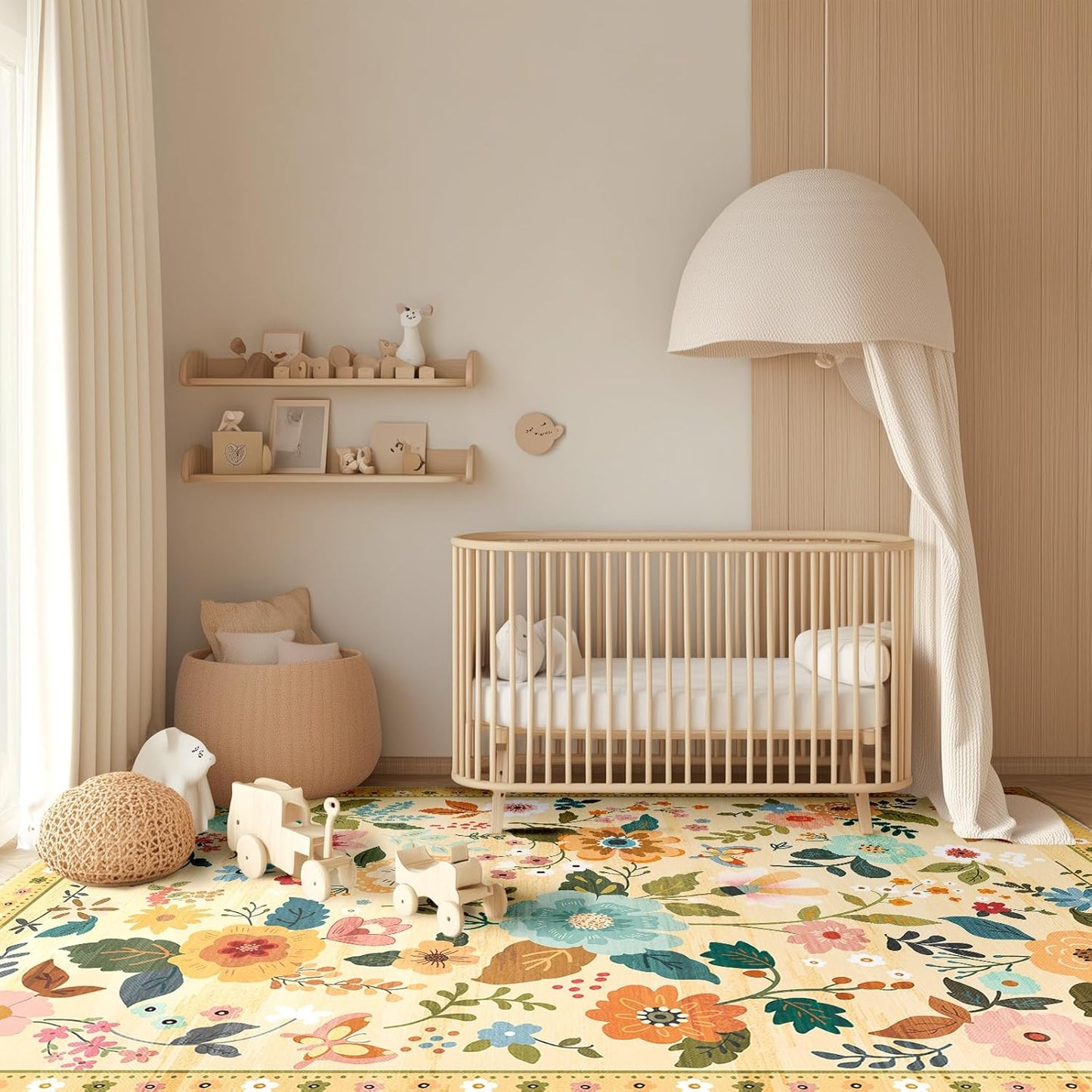 Floral 9x12 Area Rug Machine Washable Soft Print Boho Carpet Non Slip Doormat Low Pile Flower Area Rugs for Living Room Bedroom Nursery Kitchen Dining Room Indoor-Ivory/Yellow