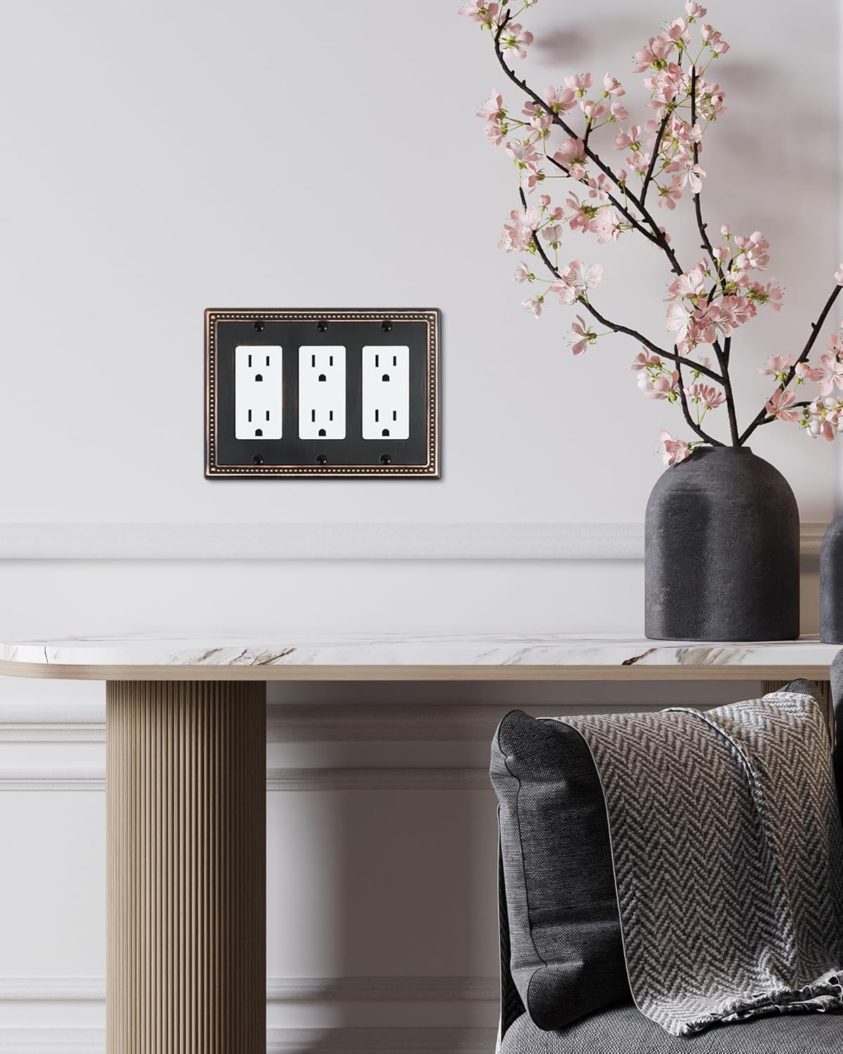 2-Pack Triple Decorator Outlet Cover Plate, Aged Bronze Pearls Decorative Switch Plates and Outlet Covers, Metal Wall Plates for Electrical Outlets, Receptacle, GFCI Outlet, Dimmer Switch