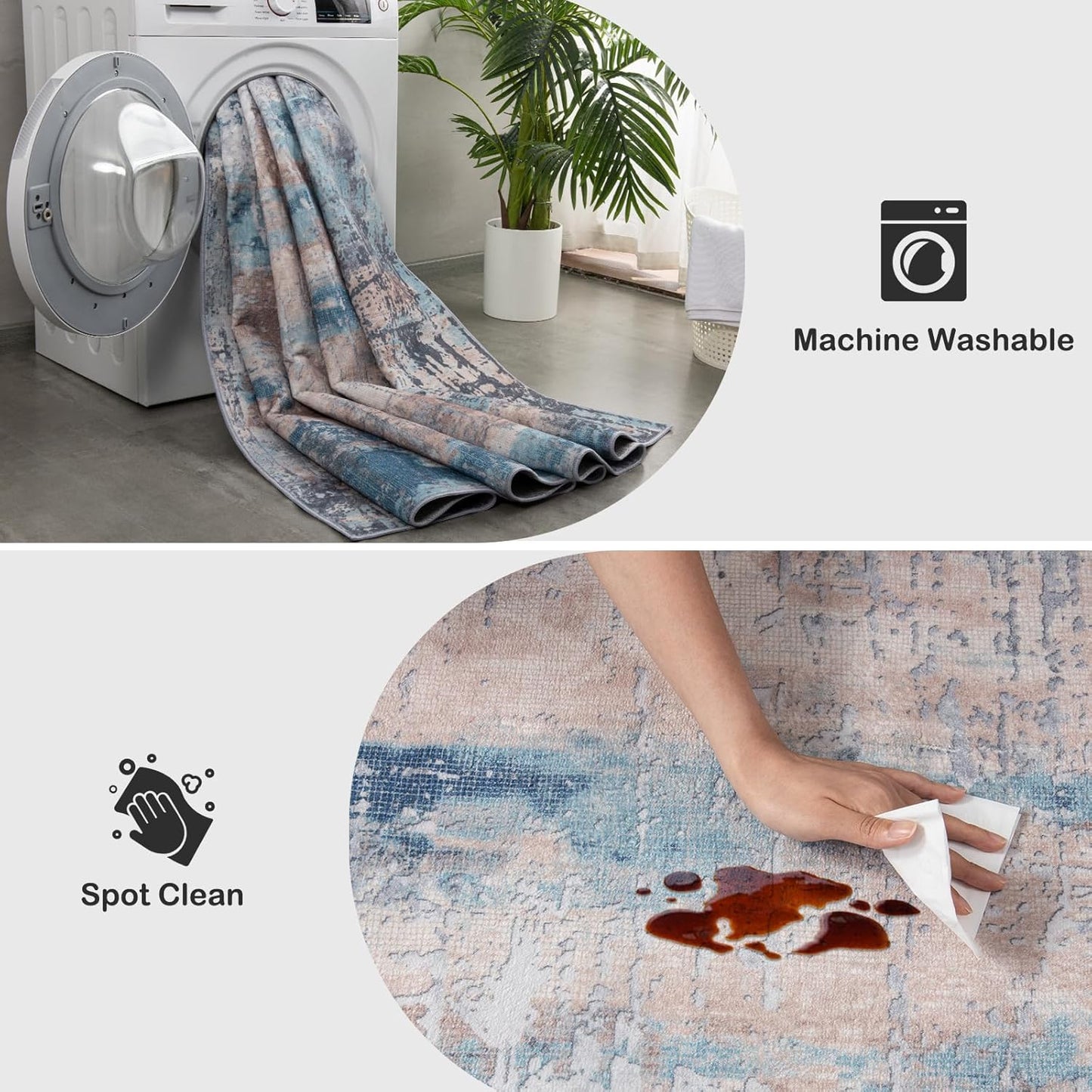 Area Rug Living Room Rug, 5x7 Modern Abstract Washable Rug Beige Blue Non Slip Foldable Faux Wool Vintage Carpet, Fluffy Non-Shedding Rugs for Living Room, Bedroom, Dining Room, Kids Playroom