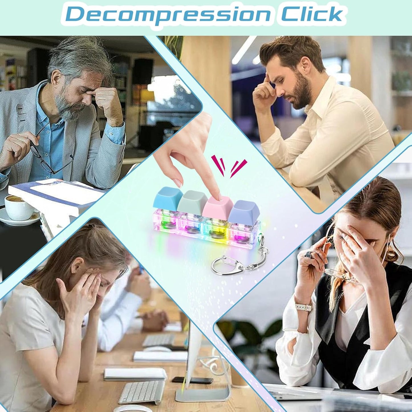 Keyboard Fidget Toys Adults Fidget Keyboard Clicker with LED Light Keychain Sensory Toys for Anxiety Stress Relief (Macaron2, 4 in 1)