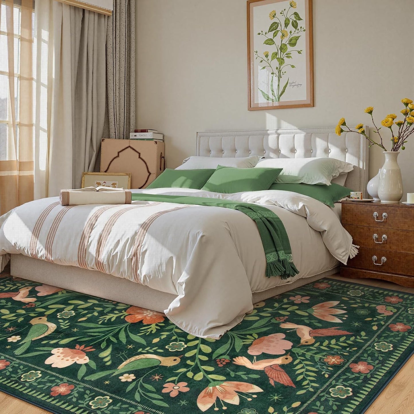 Moynesa Boho Bird 6x9 Area Rugs, Washable Ultra-Thin Dark Green Rugs for Living Room, Soft, Low Pile, Indoor Boho Large Throw Carpet for Bedroom Dining Room Under Table Office Playroom