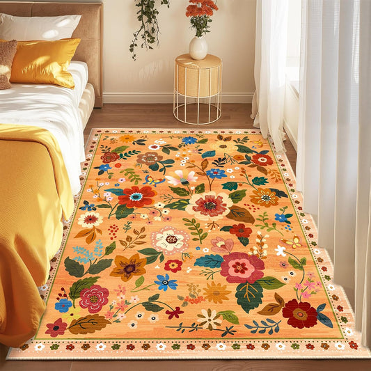 Floral 4x6 Area Rug Machine Washable Soft Print Boho Carpet Non Slip Doormat Low Pile Flower Area Rugs for Living Room Bedroom Nursery Kitchen Dining Room Indoor-Yellow/Orange