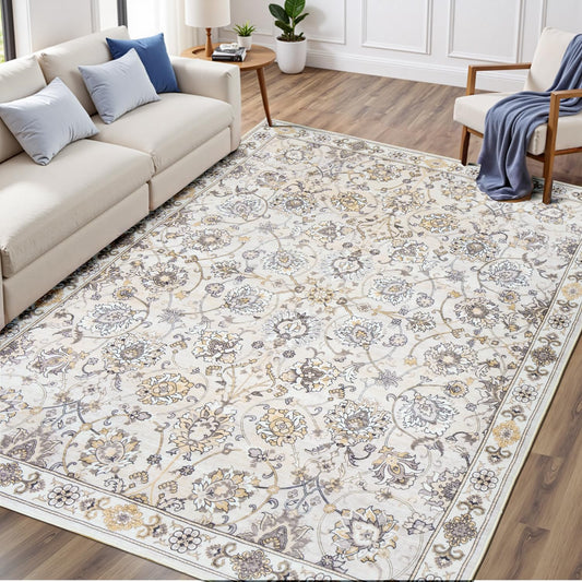 6x9 Area Rug for Living Room & Bedroom, Washable Non-Slip Vintage Rugs, Neutral Floral Soft Carpet, Low Pile Wool Carpets for Indoor Dining Home Office Playroom Under Table, Beige