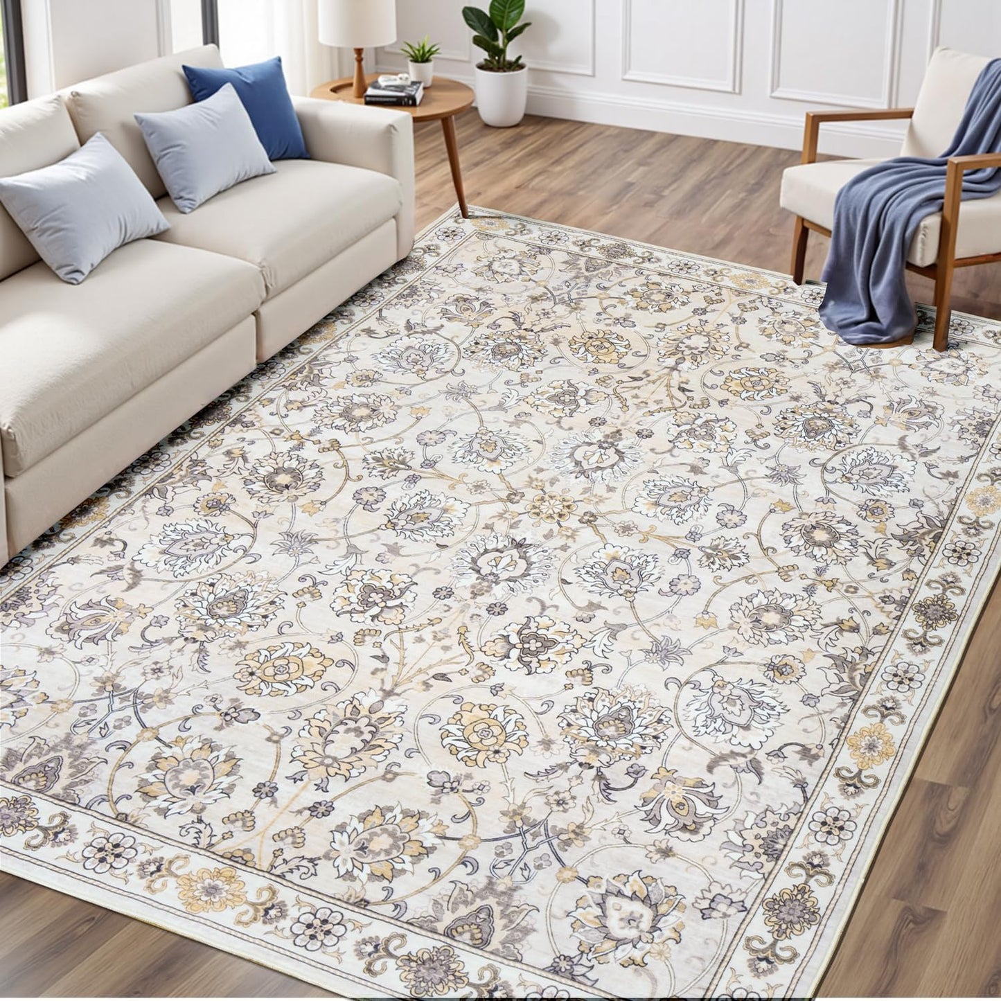 Washable Area Rug 5x7 for Living Room & Bedroom, Large Neutral Floral Rugs, Soft & Non Slip, Low Pile Wool Carpets for Indoor Under Table Dining Home Office Nursery Playroom, Beige