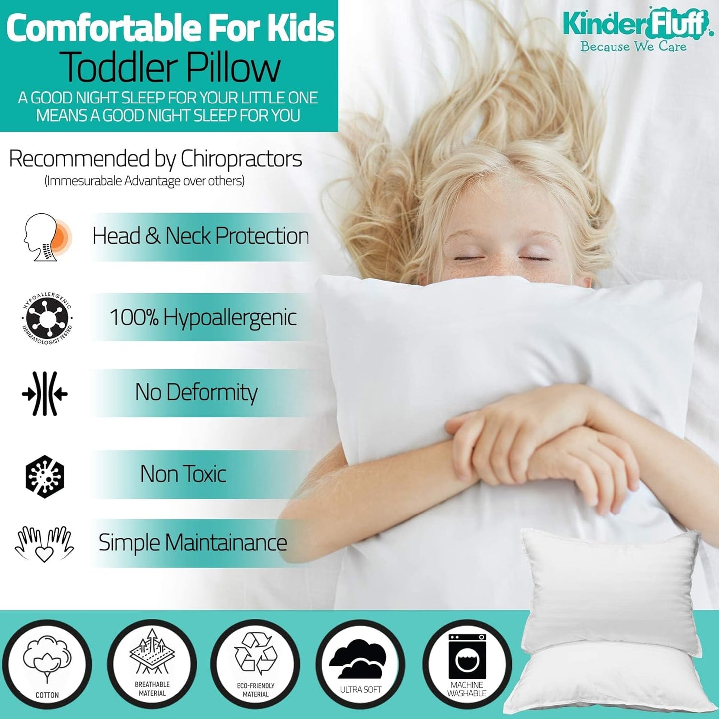 kinder Fluff Toddler Pillows (2pk) - The only Pillow for Kids 300T Cotton Shell & Down Alternative Fill - Machine Washable, Ideal Cushion for Kids Above 2 Years (13x18in - White)