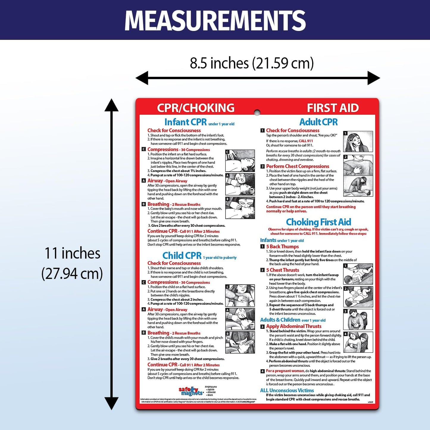 Safety Magnets by ZOCO – CPR & Choking Fridge Magnet (2-Pack) – First Aid Instructions for Infants, Children, & Adults – Heimlich Maneuver Laminated Card 8.5" x 11"