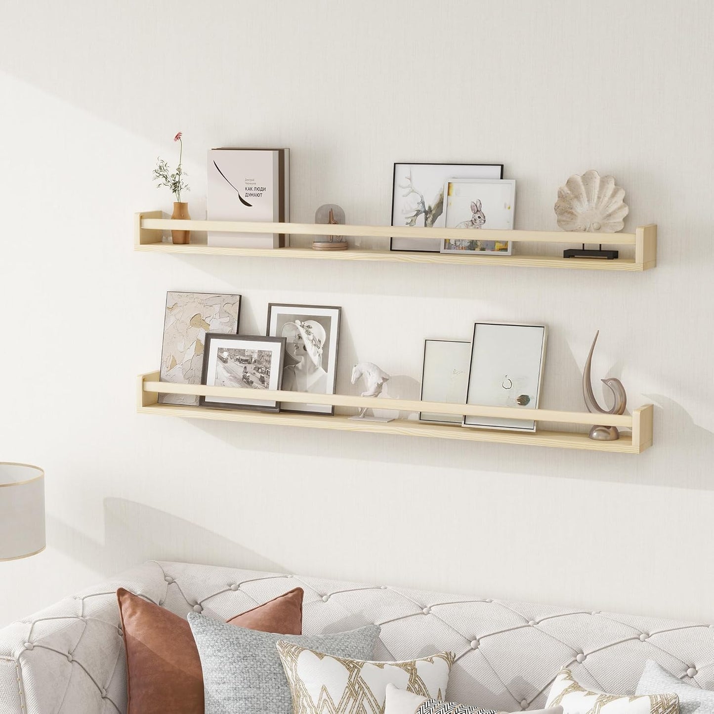 Fun Memories Nursery Book Shelves - Rustic Natural Solid Wood Floating Bookshelf for Kids - Wall Book Shelves for Kids Room (Natural, 48inch - 2P)