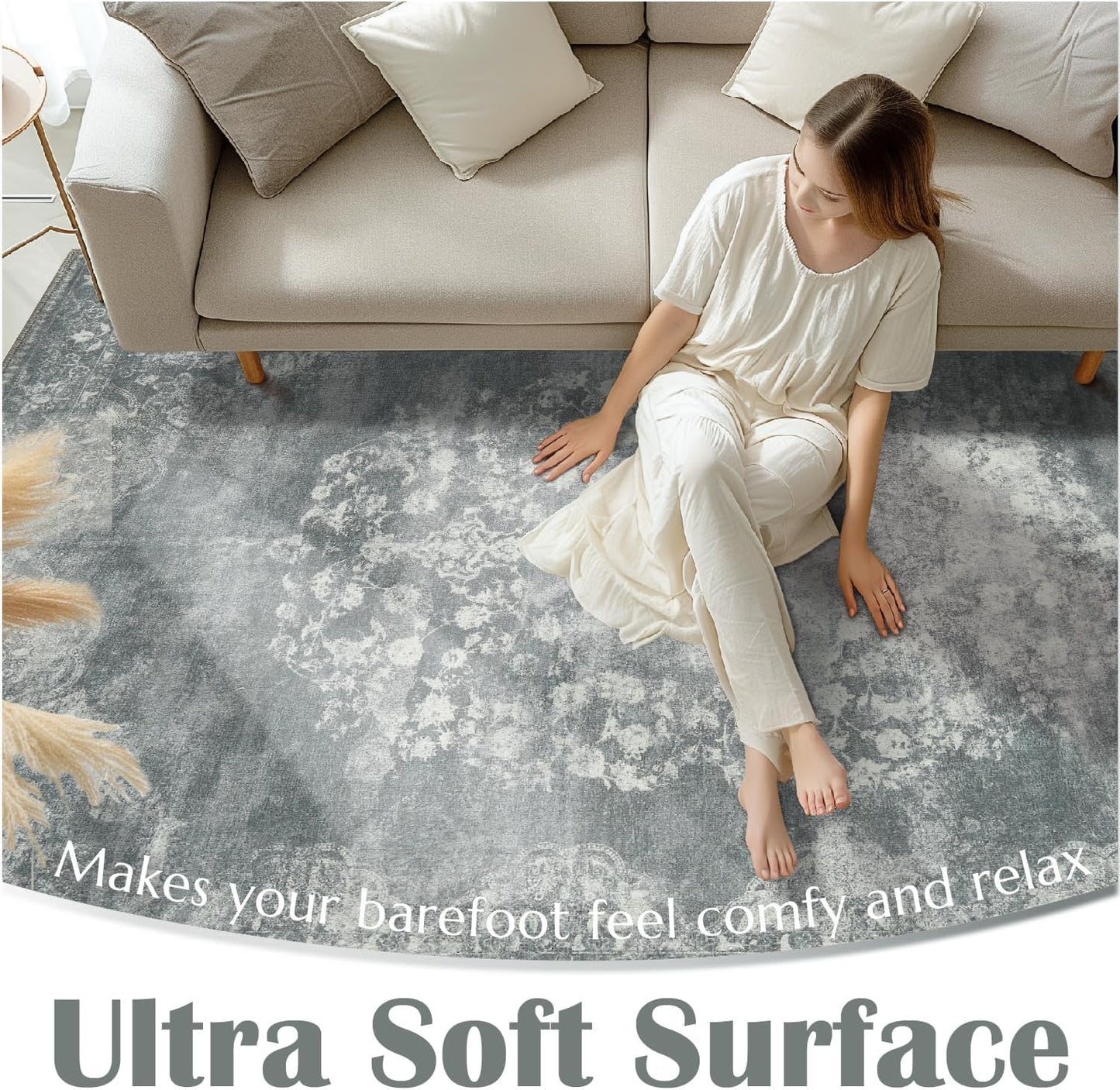 jinchan Washable Area Rug 6x9 for Living Room - Soft Faux Wool Ultra-Thin Stain Resistant Non-Slip Distressed Vintage Floral Rug Large Carpet for Bedroom,Dining Room,Home Office,Nursery(Grey, 6'x9')