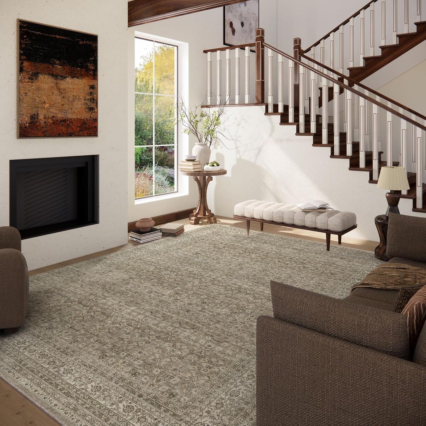 Washable Area Rugs for Living Room: 9x12 Bedroom Rug Vintage Large Rugs Stain Resistant Non Slip Low Pile Soft Lightweight Carpet for Kitchen Dining Room Farmhouse Nursery Kids Room