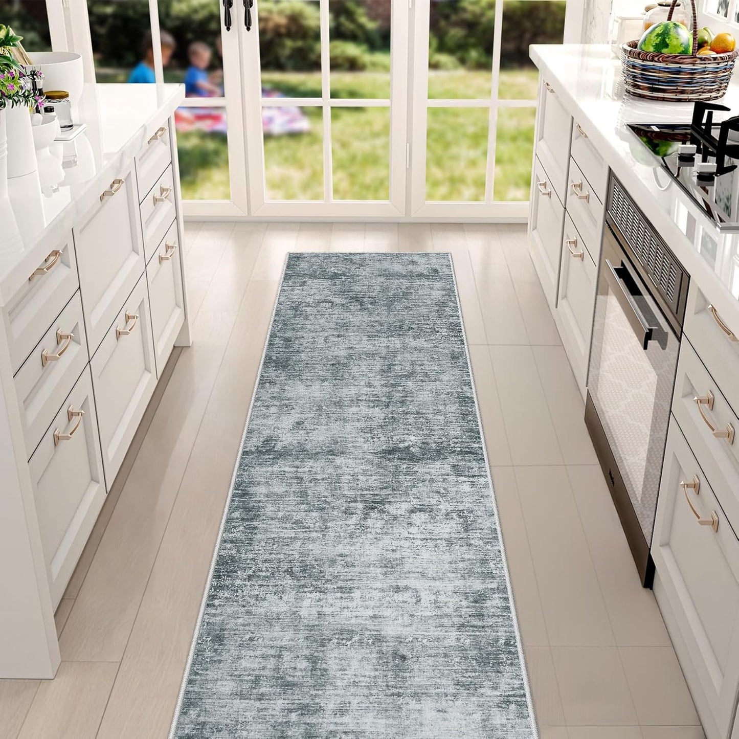 Runner Rug 2'6''x8' Washable: Modern Abstract Kitchen Rug With Non-Slip Backing, Thin Long Carpet for Hallway, Bedroom, Laundry Room-Black