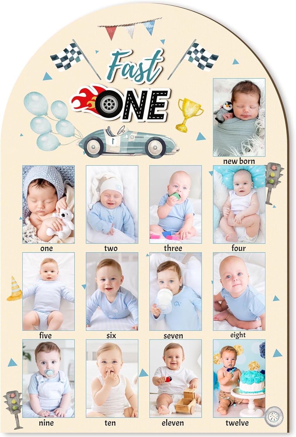 R HORSE My First Year Photo Display Wood Board - 3D Race Car Baby's First Year Picture Frame, 12 Months Milestone Board Neutral Baby Keepsake Gift One Year Old Birthday Nursery Decor for Boy