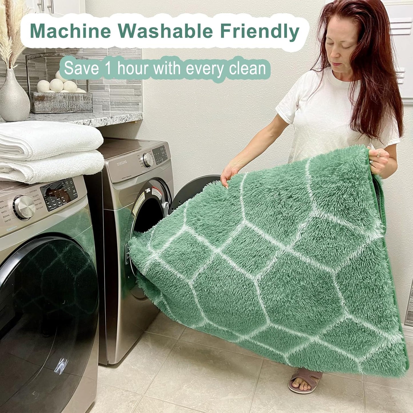 ONASAR Area Rugs for Bedroom Living Room, Washable 4x6 Fluffy Sage Green and White Throw Rug, Shaggy Geometric Floor Mat for Home Decor Aesthetic, Soft Plush Fuzzy Carpet for Nursery Kids Teen Dorm