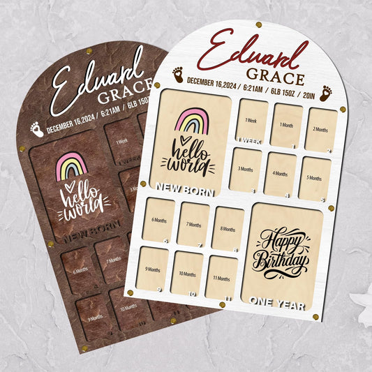 Personalized My First Year Photo Frame | 12 Months Picture Frame For Baby First Year | Displays Two 4x6 Photo and Twelve 2x3 Pictures | Birthday Party Decor Newborn Memory Keepsake, Rainbow