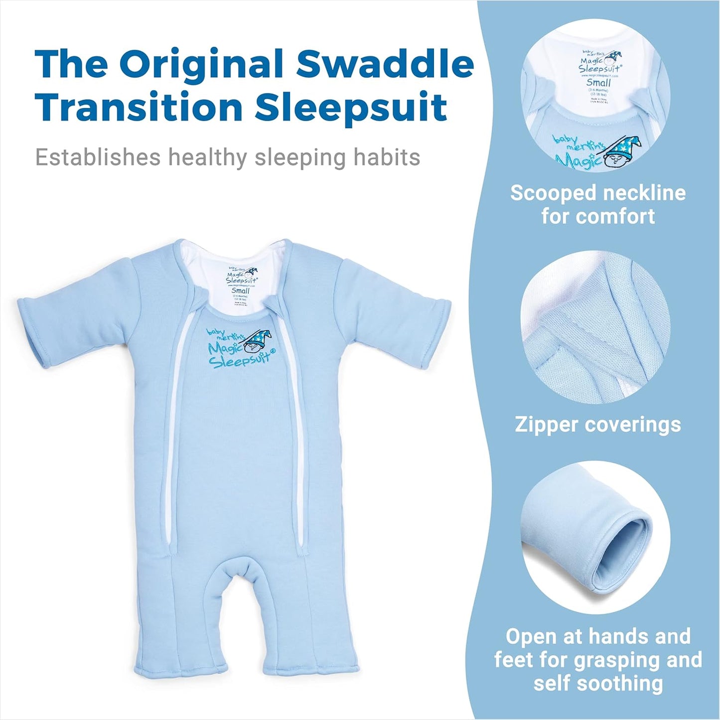 Baby Merlin's Magic Sleepsuit - Cotton Baby Swaddle Transition Product - Soft and Breathable Design, Double Zipper for Easy Diaper Changes, Promotes Safe Sleep - Blue - Large 18-21lbs