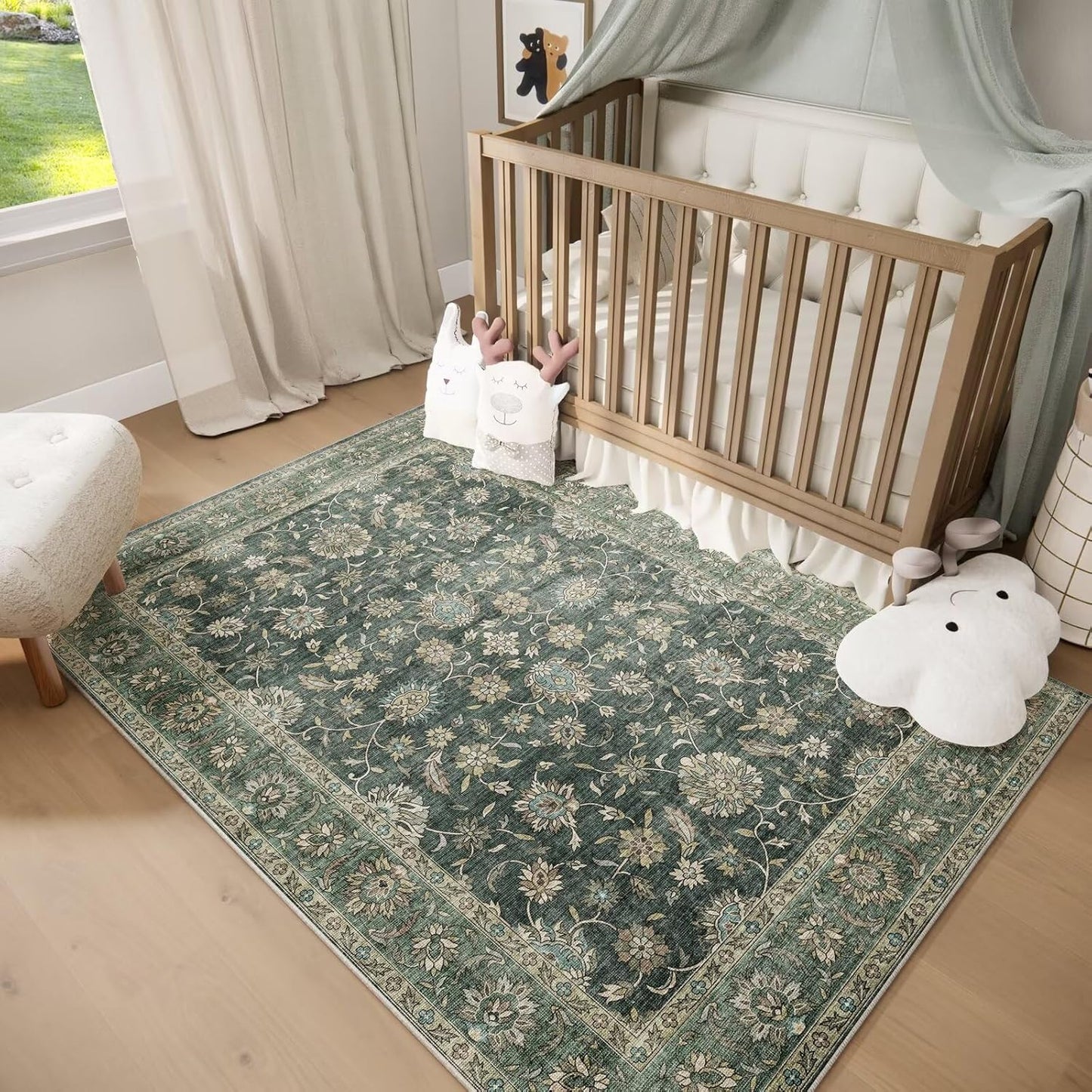 Washable 4x6 Rugs for Living Room, Boho Non-Slip Silicone Backing Small Rugs for Bedroom Nursery Office, 0.3" Neutral Oriental Throw Carpet with 0.16" Cushioning Pad, Sage Green/Multi