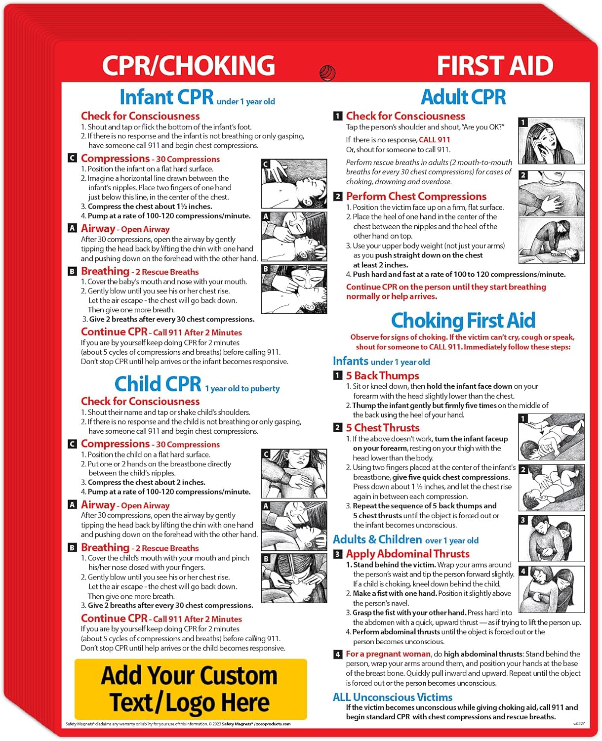 Safety Magnets by ZOCO – 100-Pack Custom CPR & Choking First Aid Magnet – 8.5"x11" Laminated Cards – Personalized with Logo – Branded Safety Handout for Offices, Caregivers & Healthcare