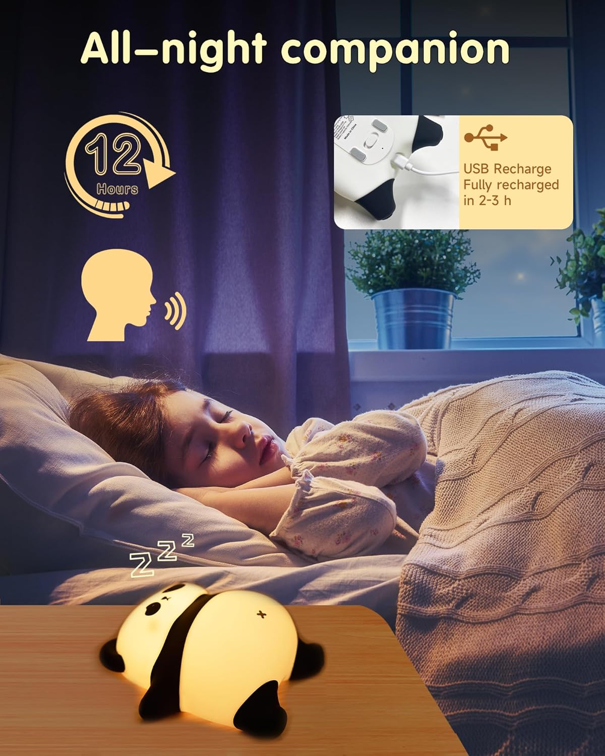 Voice Control Panda Night Light, 6 Colors 30-Minute Timer, Cute Animal Silicone Nursery Night Light Rechargeable Table Lamp Bedside Lamp with Touch Sensor for Baby Girls Women Bedrooms, Living Room