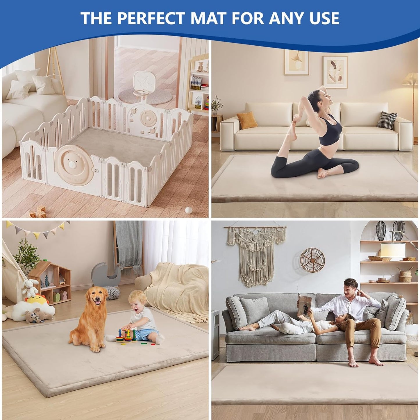 Baby Play Mat for Floor,1.3" Thick Memory foam Tummy Time Mat,Water Repellent Soft Coral Velvet Nursery Rug,Extra Large Non Slip for Crawling,Toddlers,Infants,kids,Tatami Style for Living Room(Beige)