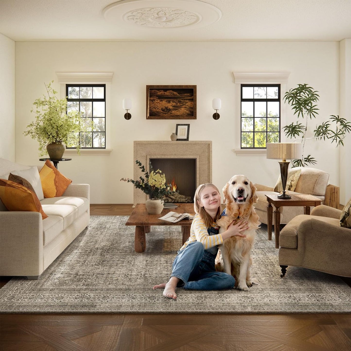 Washable Area Rugs for Living Room: 8x10 Bedroom Rug Boho Vintage Area Rug Stain Resistant Non Slip Low Pile Lightweight Soft Carpets for Dining Room Kitchen Nursery Kids Room Farmhouse