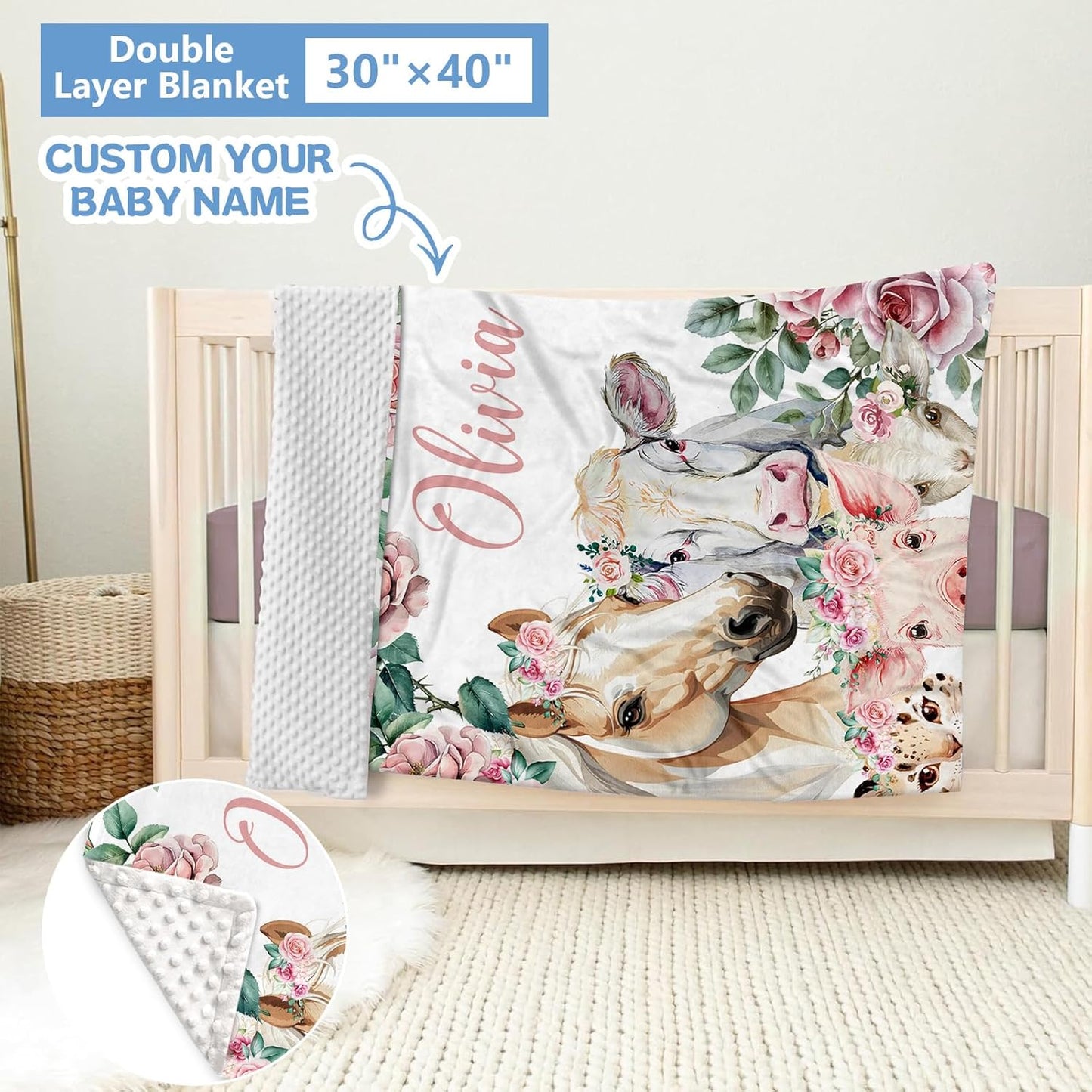 Personalized Floral Animal Crib Bedding Set, 5 Pcs Custom Baby Crib Set with Name, Double Layer Nursery Bedding Set, Soft Baby Bedding Crib Set for Girls, Customized Gift for Toddler Infant