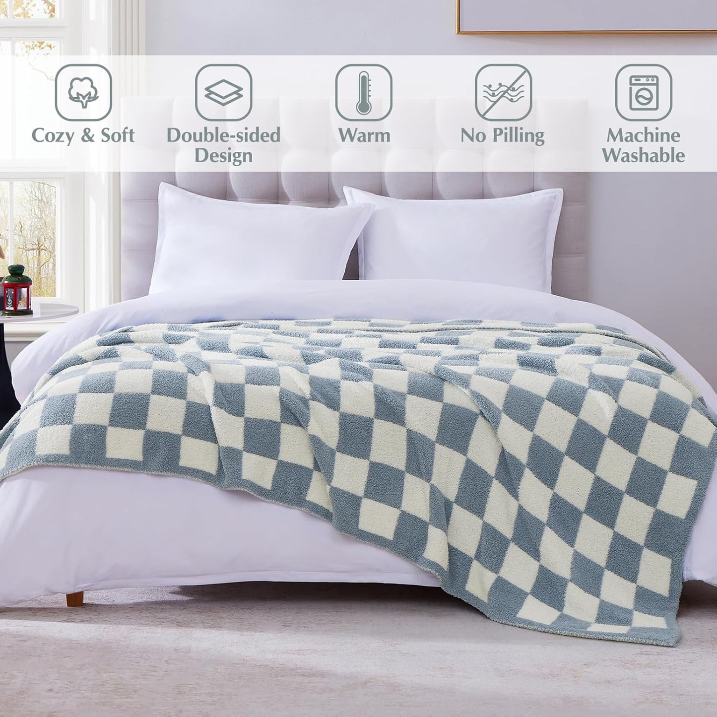 WRENSONGE Checkered Throw Blanket, Grey Blue Soft Cozy Fluffy Warm Hand Made Throw Blankets for Couch, Sofa, Chair, Bed, Camping, Picnic, Travel Lightweight Bed Blanket - 60"*80"