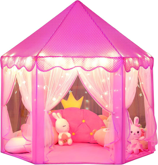 wilwolfer Princess Castle Play Tent for Girls Large Kids Play Tents Hexagon Playhouse with Star Lights Toys for Children Indoor Games (Pink)