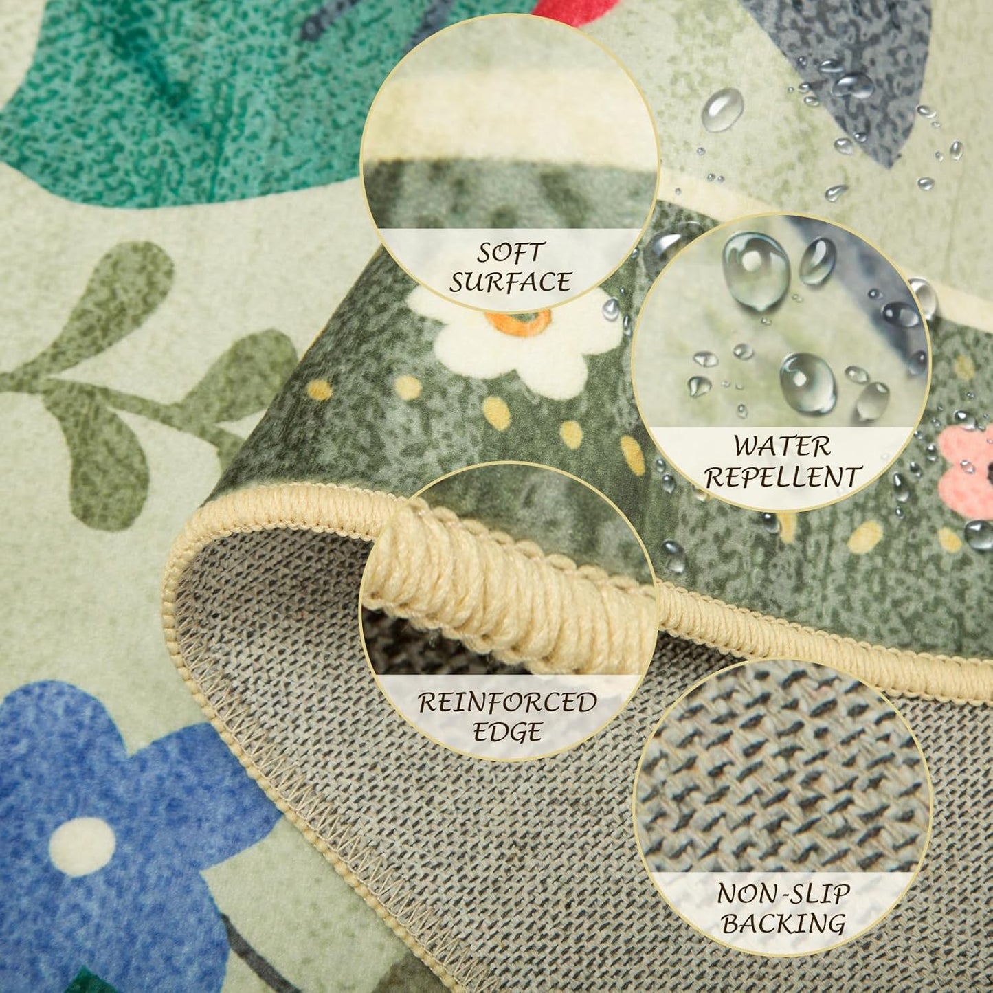 Floral 9x12 Area Rug Machine Washable Soft Print Boho Carpet Non Slip Doormat Low Pile Flower Area Rugs for Living Room Bedroom Nursery Kitchen Dining Room Indoor-Light Green