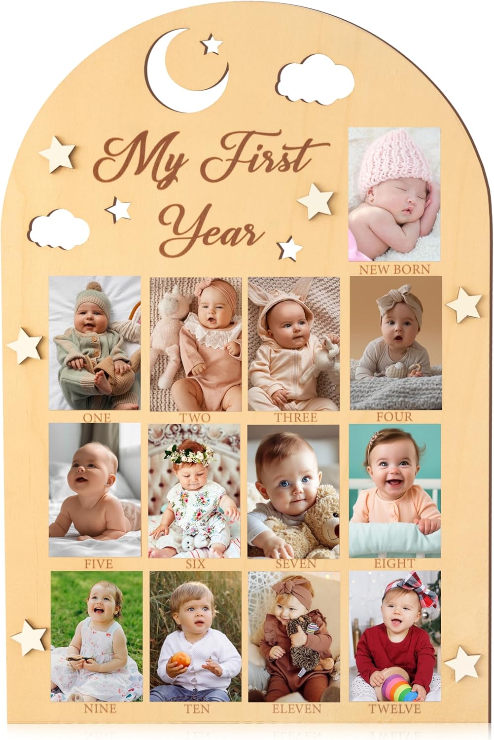R HORSE My First Year Photo Frame Board - 3D Star Baby First Year Picture Frame 12 Months Milestone Photo Display Wood Board Baby Keepsake 1st Birthday Nursery Decor Gift for Boy Girl