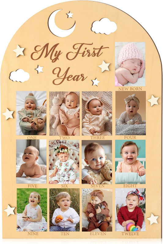 R HORSE My First Year Photo Frame Board - 3D Star Baby First Year Picture Frame 12 Months Milestone Photo Display Wood Board Baby Keepsake 1st Birthday Nursery Decor Gift for Boy Girl