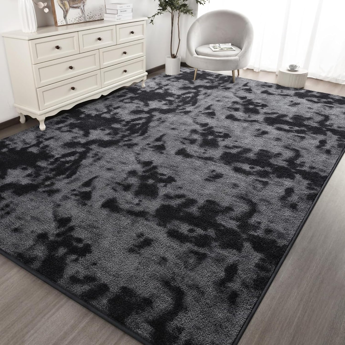 Kimicole 7x10 Washable Area Rugs for Living Room Bedroom, Large Low Pile Ulta-Thin Solid Color Rug, Non-Slip Soft Fluffy Carpet for Nursery Kids Room Dorm Room Home Decor (Dark Grey)