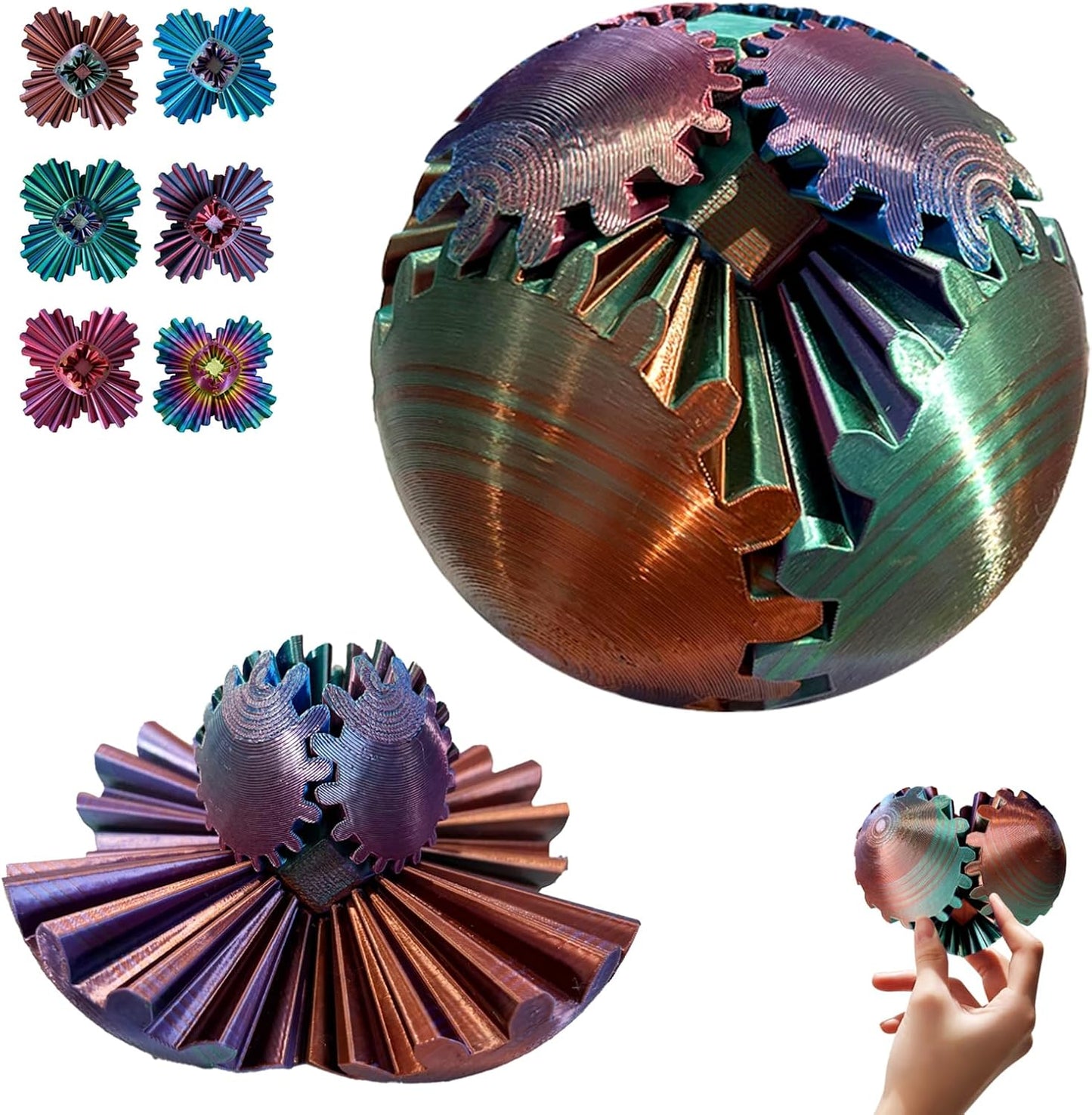 GearSphere Fidget Toy, 3D Printed Gear Ball Spin Ball Cube Desk Toy, 2024 Gear Sphere Cube Puzzlefor Adults Kids, Stress and Anxiety Relaxing Fidget Toy (Green-Purple-Copper)