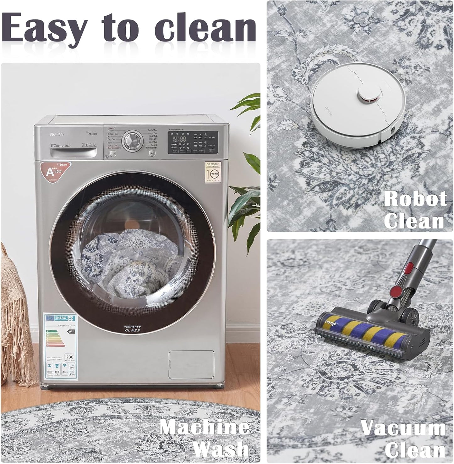 jinchan Round Rug 8ft Area Rug - Grey Vintage Floor Mat Kitchen Indoor Ultra-Thin Soft Floral Print - Washable Circle 8' Retro Accent for Farmhouse Non Slip Dining Room Living Room Bedroom Office