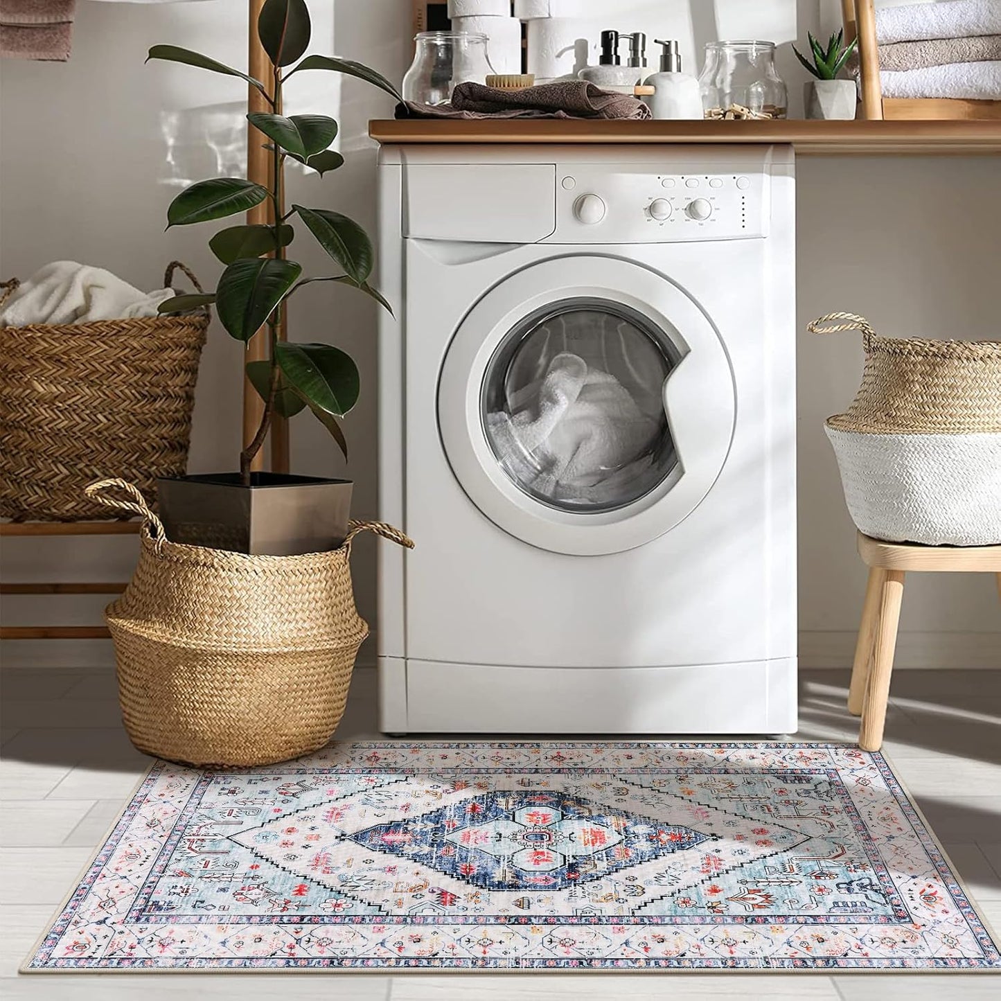 Lahome Boho Round Rug - 7Ft Washable Area Rug, Non-Slip Small Bathroom Rug, Lightweight Bedroom Throw, Oriental Distressed Print Carpet for Entryway, Sofa, Nursery, Kids Room